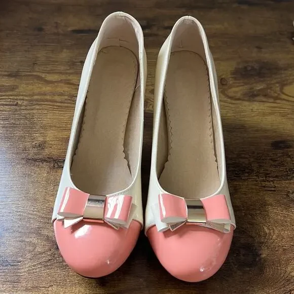 Ephemeral Retro Pin Up Baby Pink & Tan Patent Round Bow Toe Heels - Picture 6 of 12
